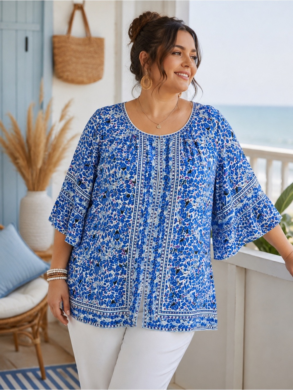 230 Max Studio London Blue Floral Butterfly Print Boho Tunic Top 1X cottagecore - Picture 8 of 8